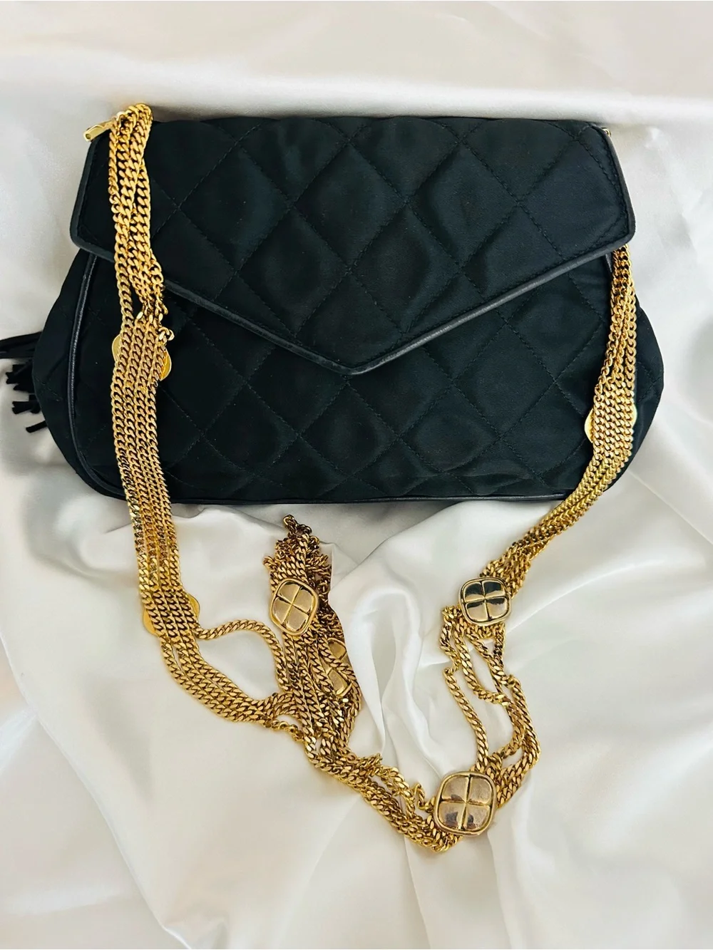 CHANEL Vintage Black Silk Timeless Tassel Flap Bag Gold Hardware,